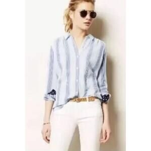 Anthropologie Isabella Sinclair Blue Button Down Striped Shirt Medium